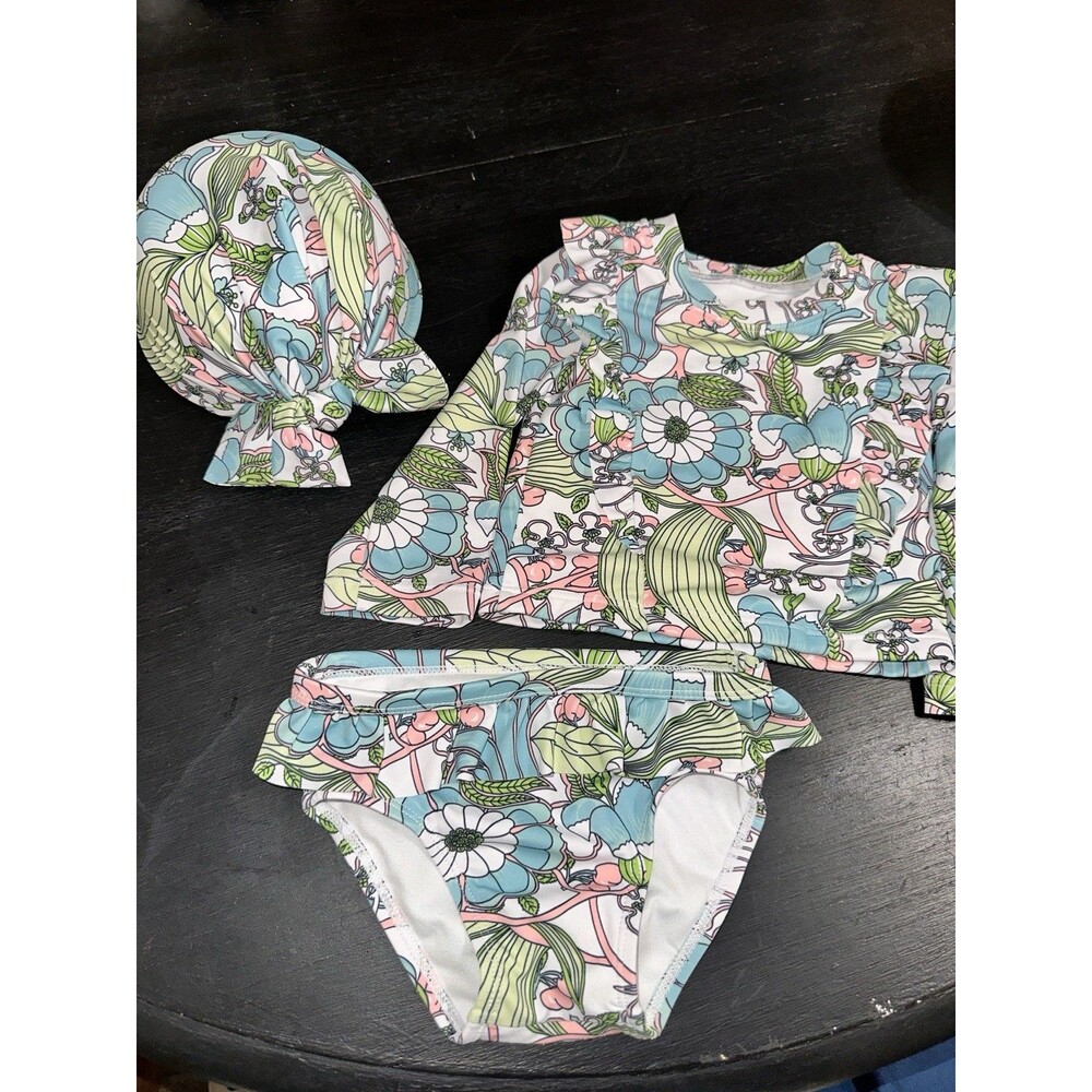 Janie And Jack Recycled Floral Rash Guard 3 Pc Swimsuit Set 6-12 Mon NWOT Beanie